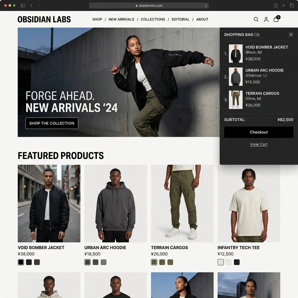 High-end fashion editorial store focused on high visual appeal, immersive zoom, and rapid checkout.