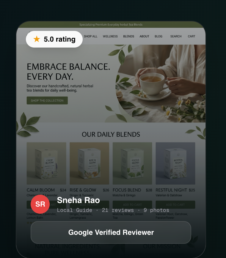 D2C organic tea and beverages store with streamlined checkout and custom brand typography.