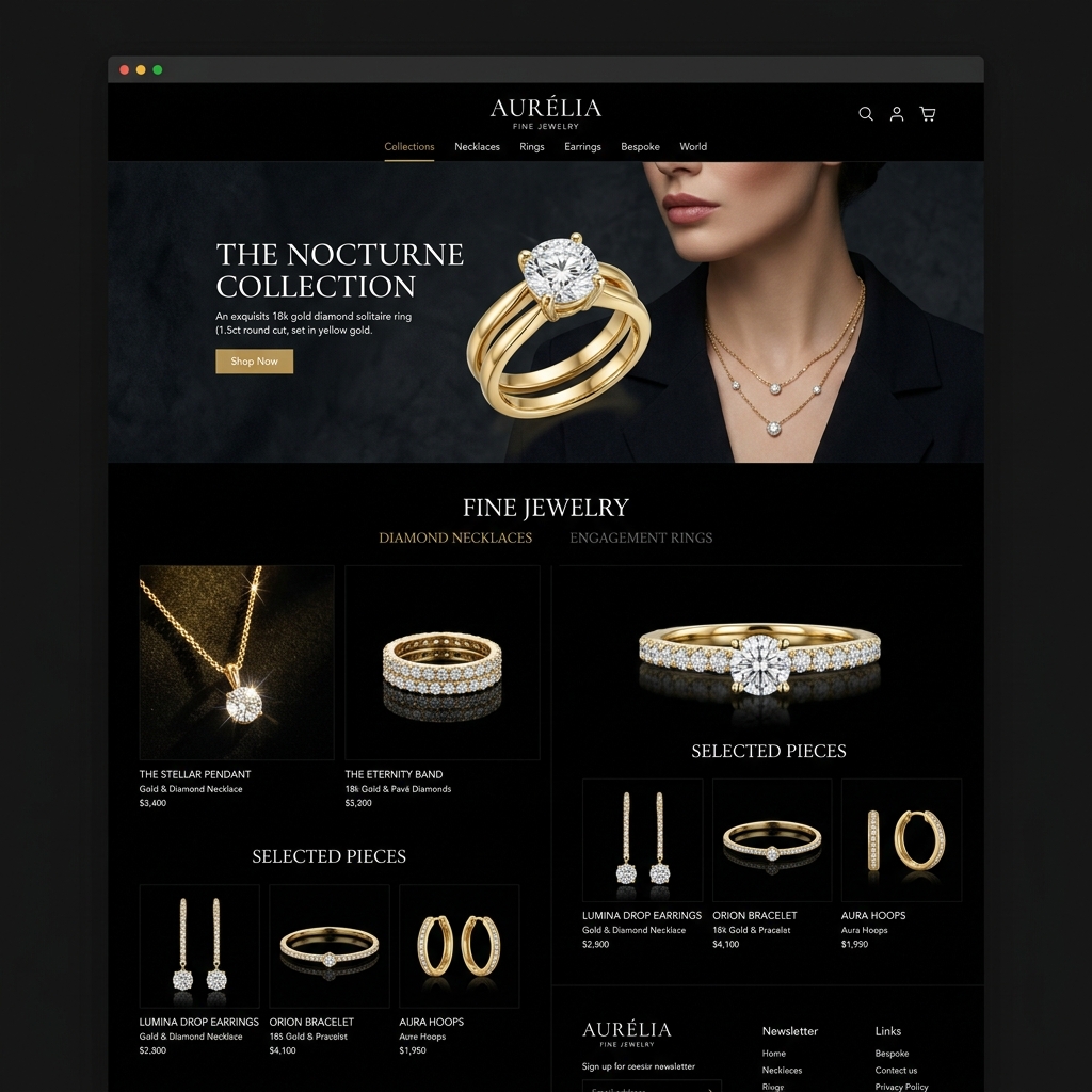 Fashion jewelry destination with responsive mobile layouts and custom drawer checkout integrations.
